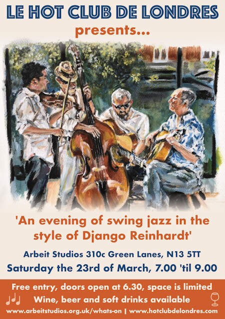 poster or flyer advertising event Le Hot Club de Londres presents An Evening of Swing Jazz in the Style of Django Rheinhart