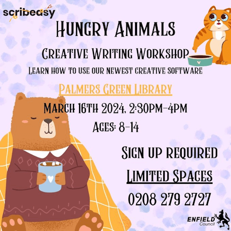 poster or flyer advertising event Hungry Animals creative writing workshop (ages 8 - 14)