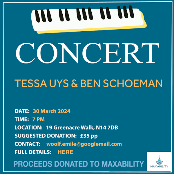 poster or flyer advertising event Concert in aid of Maxability: Tessa Uys and Ben Schoeman