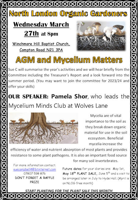 poster or flyer advertising event North London Organic Gardeners: AGM and Mycelium Matters
