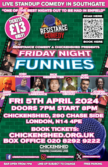 poster or flyer advertising event Chickenshed present Friday Night Funnies