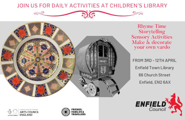 poster or flyer advertising event Celebrate Gypsy, Roma, Traveller heritage & culture at Enfield Town Library