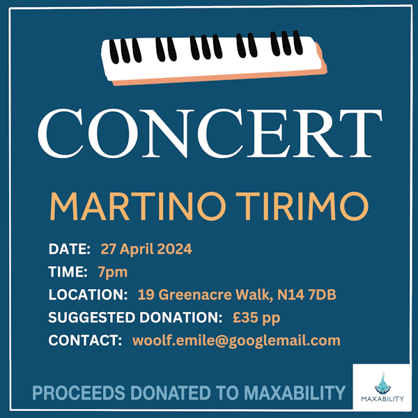 poster or flyer advertising event Piano recital by Maximo Tirimo in aid of Maxability