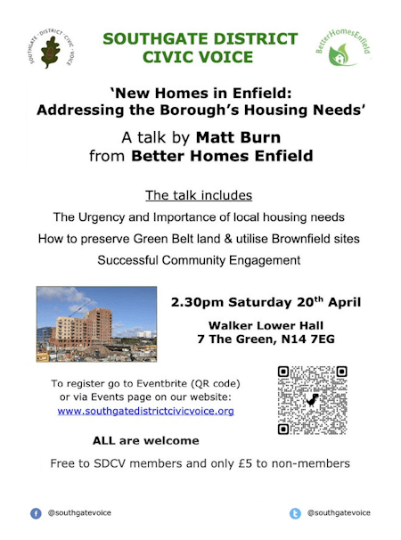 poster or flyer advertising event Southgate District Civic Voice open meeting: New homes in Enfield: Addressing the borough\'s housing need