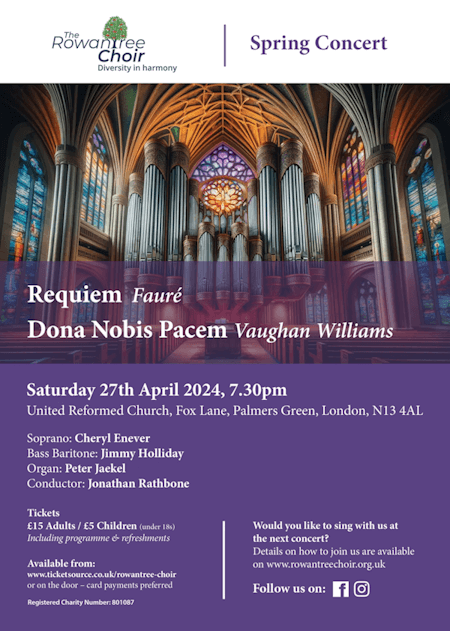 poster or flyer advertising event The Rowantree Choir Spring Concert: Fauré, Vaughan-Williams 