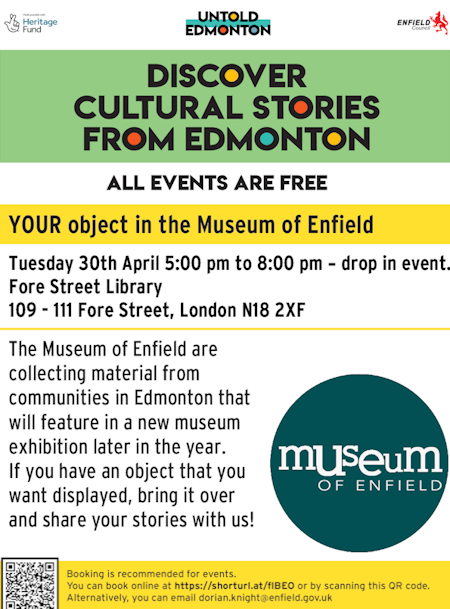 poster or flyer advertising event Untold Edmonton drop-in event: Your object in the Museum of Enfield
