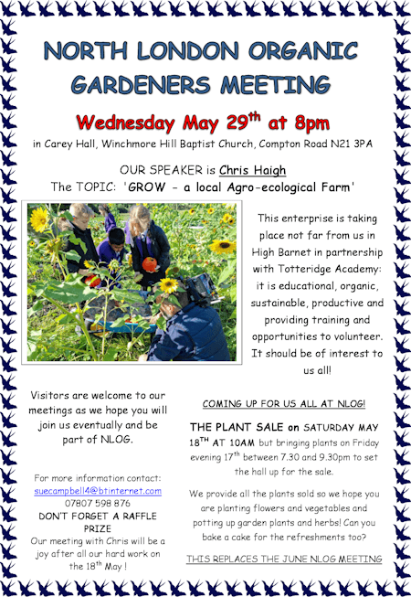 poster or flyer advertising event North London Organic Gardeners: GROW - a local agro-ecological farm