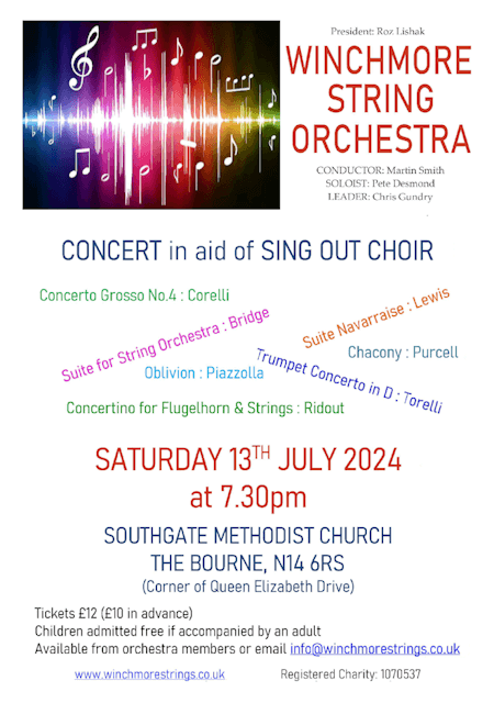 poster or flyer advertising event Winchmore String Orchestra: Concert in aid of Sing Out Choir
