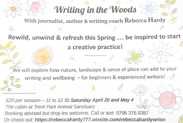poster or flyer advertising event Writing in the Woods with Rebecca Hardy