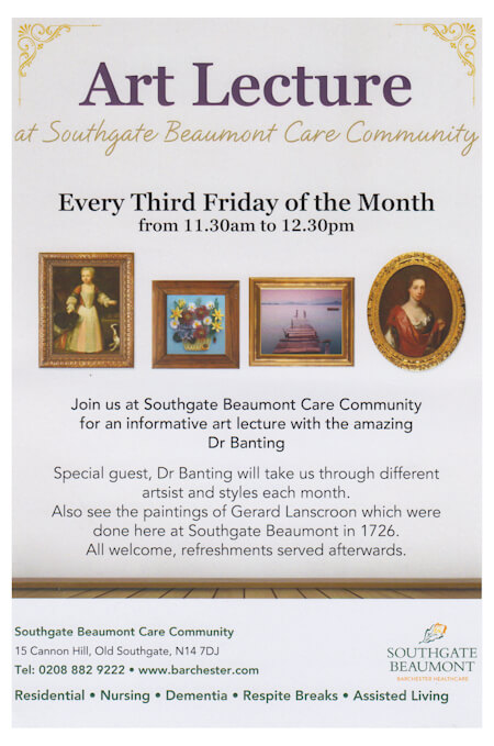 poster or flyer advertising event Monthly art lecture at Southgate Beaumont Care Community