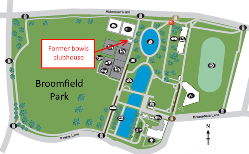 map of broomfield park showing former bowls clubhouse
