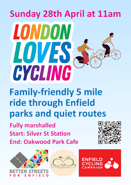 poster or flyer advertising event London Loves Cycling family bike ride through Enfield parks