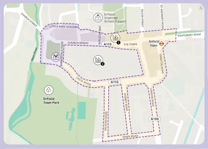 map showing extent of phase 1 of proposed enfield town liveable neighbourhood scheme