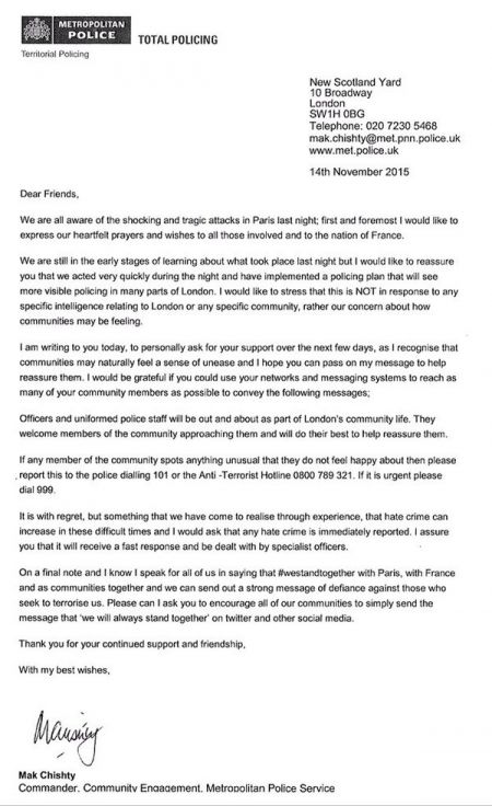 paris attacks letter from metropolitan police